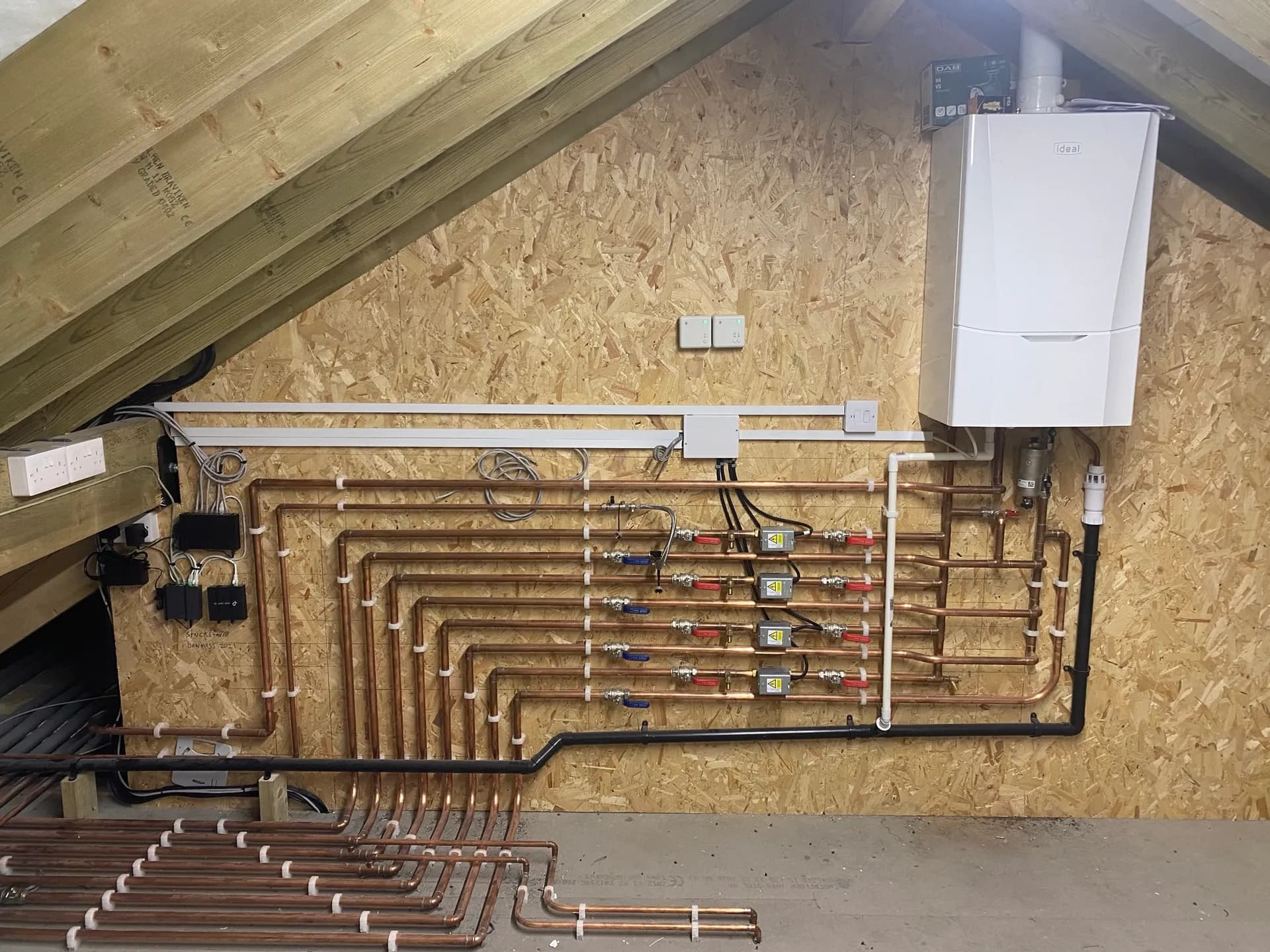 Copper heating manifold and plant room - loft combi boiler underfloor heating