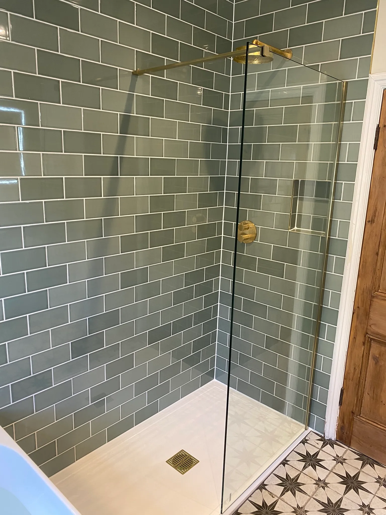 Sage-green bathroom with brass fittings - sage green shower brass rainhead